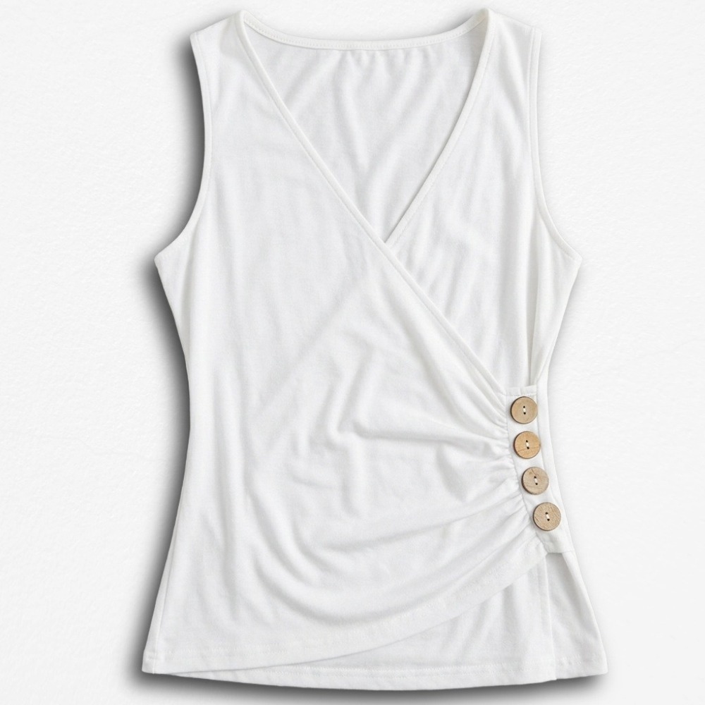 Shein Women White Sleeveless Surplice V-Neck Side Button Ruched Wrap Top Small
